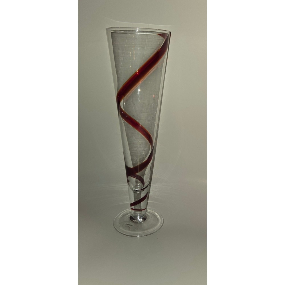 Pier 1 Blown Art Glass Trumpet Glass Clear with Ruby Red Ribbon Swirl 12 inch
